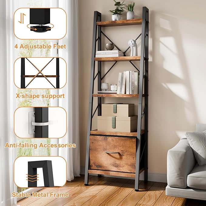 Shintenchi 5 Tier Ladder Bookshelf with Drawer, Tall Modern Corner Bookshelves, Narrow Book Shelf with Storage for CDs/Books/Movies, Bookcase for Room/Home/Office, Rustic Brown