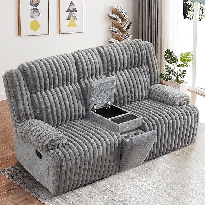 Oversized Reclining Loveseat with Hidden Cup Holders & Wireless Charger, Manual Double Recliner Sofa, Wall Hugger Loveseat Recliner with USB Ports for Living Room (Gray, Loveseat)