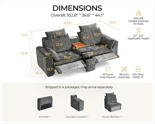 102.8'' Loveseat Power Recliner Sofa with Headrest, Oversized Cloud Modular Sectional Reclining Couch with Table, Storage Drawer, Charging, 2-Seater for RV Home Theater, Chenille, Grey