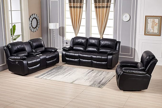 Betsy Furniture Power Reclining Bonded Leather Living Room Set (Black, Sofa+Loveseat+Chair)