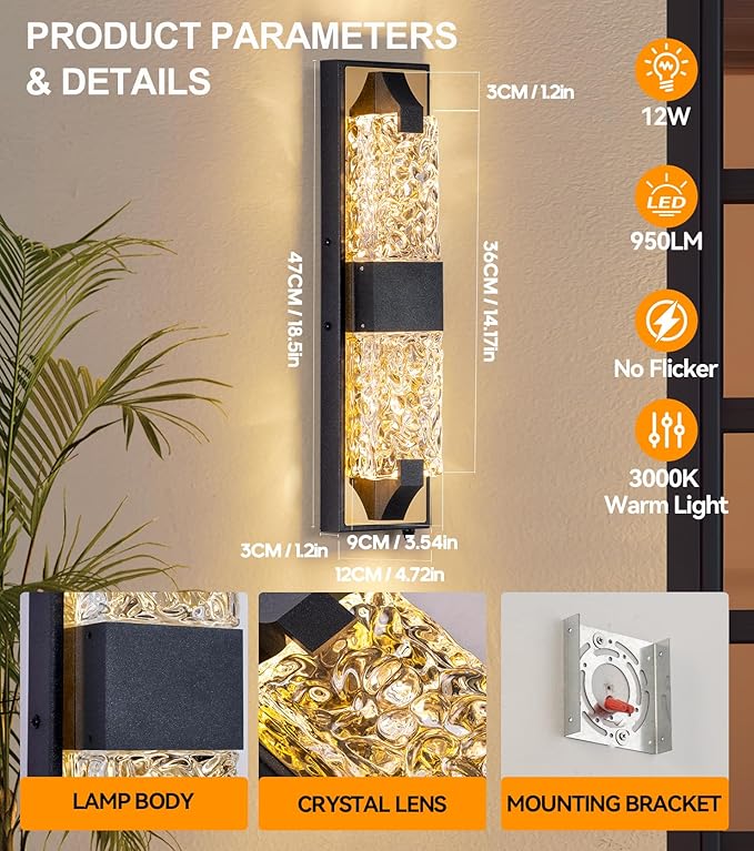 HITTO Dusk to Dawn Outdoor Lighting,18.8'' Porch Lights Outdoor IP65 Waterproof Exterior Lighting Fixtures 12W LED Ripple Crystal Modern Outdoor Light for House, Garage, Door, Patio 2pcs(Black & Gold)