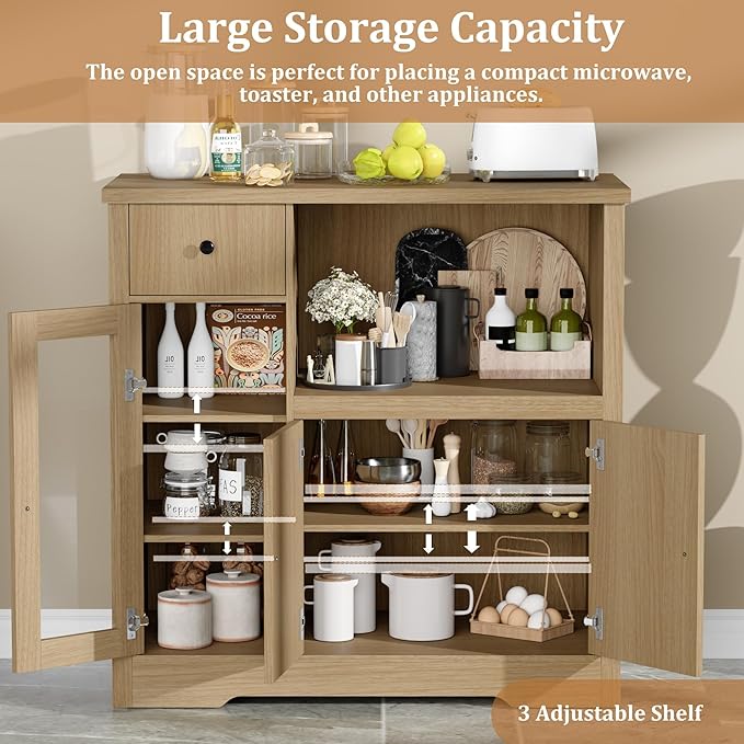 GarveeHome Kitchen Microwave Cabinet with Storage and Drawers, Modern Small Buffet Cabinet with Glass Doors and Adjustable Shelf, Wooden Sideboard with Wide Top for Dining Room, Living Room, Natural