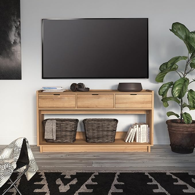 Prepac Natural Oak Simply Modern Entryway Table, Narrow Console Table with 3 Drawers, Media Console with Storage, 15.75" D x 60.25" W x 32" H