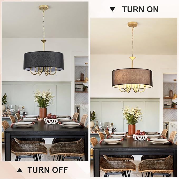 6-Light Gold Drum Chandelier, 18'' Farmhouse Dining Room Light Fixture Black Linen Drum Chandelier, Brass Round Chandelier Hanging Pendant Light for Bedroom Living Room Kitchen Foyer