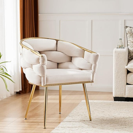 Luxury French Weave Accent Chair with Metal Legs, Mid Century Modern Lounge Chair for Living Room Bedroom Office, Industrial Chic Design Soft Cushion Sturdy Frame 350lb Capacity, White