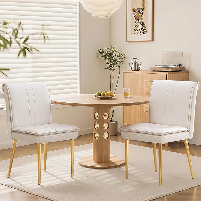 VECELO Upholstered PU Dining Chairs Set of 4, Kitchen Chairs with Padded Seat for Living Room, Dining Room, High Back and Steel Legs, Easy Assembly, White