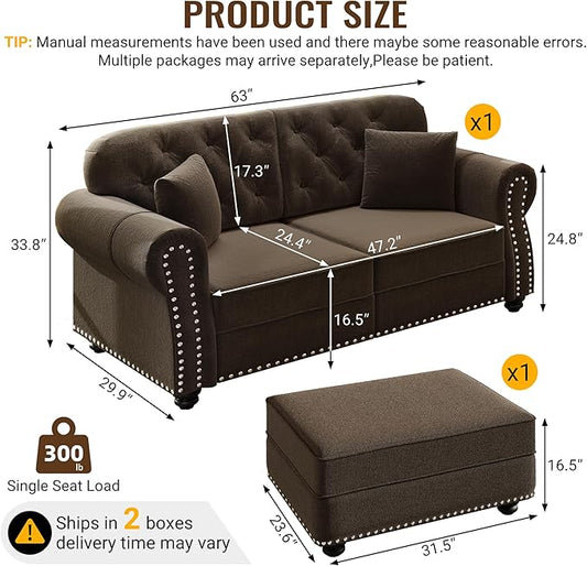 KEIKI 63" Velvet Chesterfield Sofa with Rolled Arms & Nailhead Trim & 1 Ottoman, Modern 2-Seater Button Tufted Couch with High Resilience Cushion & 2 Pillow, Easy Assembly, for Living Room, Brown