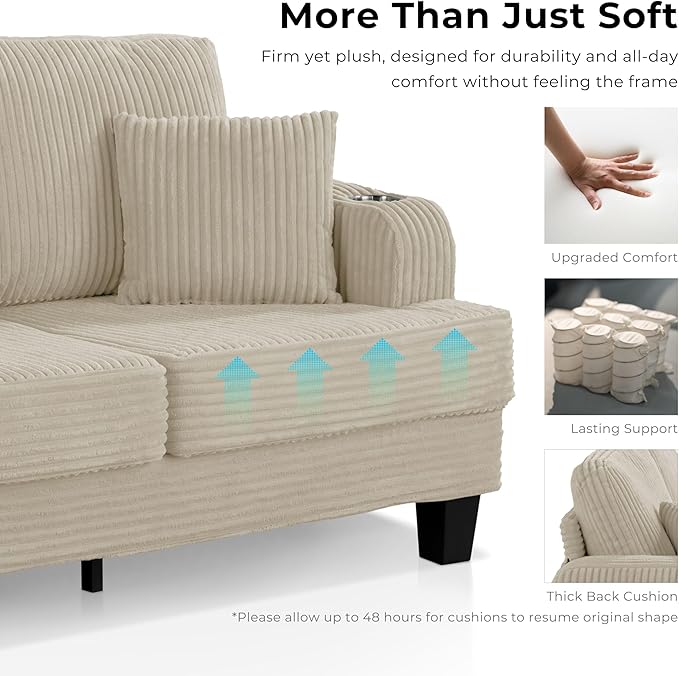 Homes: Inside + Out Reese Modern Plush Chenille Comfortable Loveseat with Side Pockets, Cup Holders and Pillows, Wooden Soft Couch for Living Room, Bedroom and Office, Dark Grey