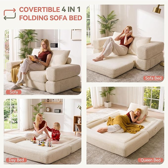Jocoevol 4-in-1 Convertible Folding Sofa Bed, 68"L x 78"W Queen Size Foldable Sleeper Sofa Bed, Wide Corduroy Upholstery, Boneless Mattress Couch with Armrests & Neck Pillow for Living/Bedroom, Beige
