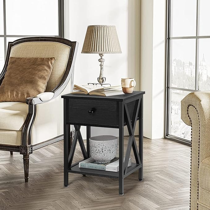 VECELO End Tables, Modern Nightstand with Drawer & Shelf, Night Stand for Bedroom Living Room,Industrial Metal Frame
