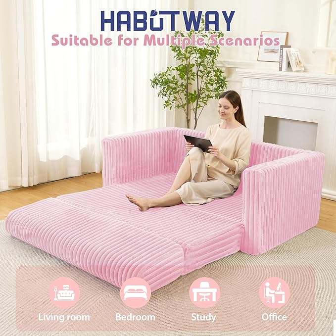 HABUTWAY Folding Sofa Bed, 2 in 1 Convertible Sleeper Chair with Armrest, Portable Fold Out Chair Bed, Comfy Floor Couch, Multi-Functional Lazy Sofa for Living Room Bedroom Dorm Home Office, Pink
