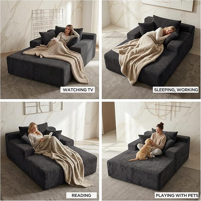 Sytopia Chaise Lounge with Armrests, Oversized Sofa Bed with 3 Pillows, Cozy Boneless Couch, Sleeper Reading Chair for Living Room Bedroom, Floor Sofa Chenille, Furniture Sala, Black Onyx