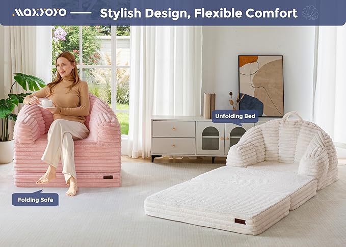 MAXYOYO Folding Sofa Bed, 2 in 1 Convertible Sofa to Lounger Comfy Faux Fur Bean Bag Chair for Adults, Floor Single Sleeper Couch Chair with Handle, Couch Bed for Living Room Bedroom, Beige