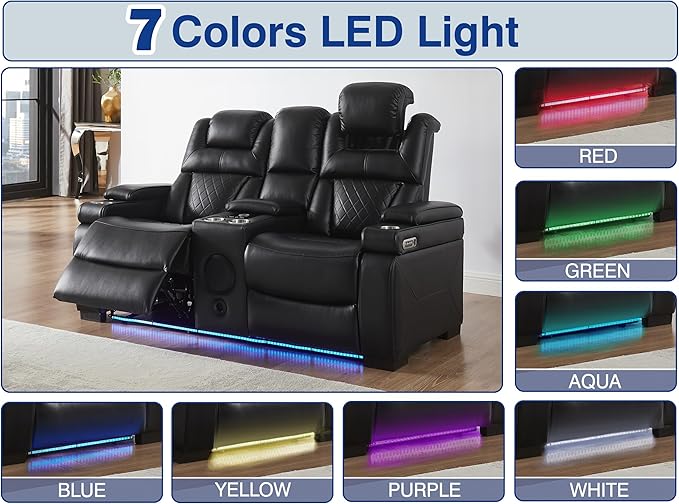 THSUPER Power Breathable Leather Reclining Loveseat with 7-Color LED Light, Living Room Recliner Couch with Adjustable Headrest/USB Port/Wireless Charging/Bluetooth Speaker for Living Room, Black