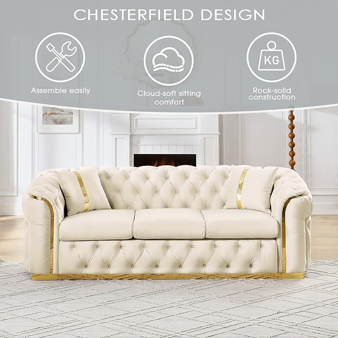 KEIKI 2-Piece Luxury Chesterfield Sofa Set with 2 Oversized Velvet 3-Seater Sofa, Upholstered Modern 6-Seater Button Tufted Couch Set with 4 Pillow, Gold Stainless Decoration, for Living Room, Beige