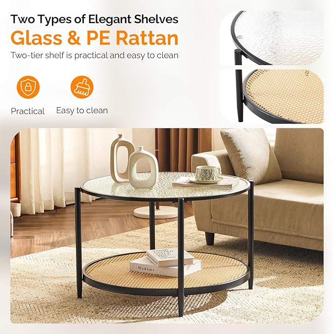 VINGLI 30" Round Coffee Table with Rattan Shelf, Glass Coffee Tables for Home Decor, Modern Coffe Table with 2-Tier Storage, Circle Center Table for Living Room, Office, Small Space, Black