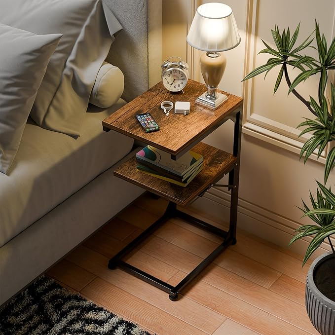 Simple Trending TV Tray Table, C Shaped End Table for Couch, Foldable Table with 2 Shelf Storage, for Sofa Bedside, Rustic Brown