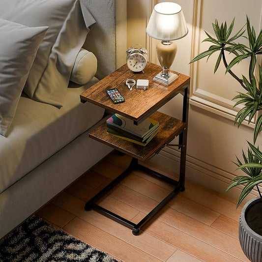 Simple Trending TV Tray Table, C Shaped End Table for Couch, Foldable Table with 2 Shelf Storage, for Sofa Bedside, Rustic Brown