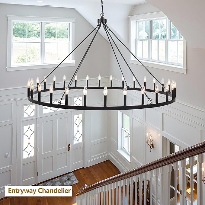 Black Extra Large Wagon Wheel Chandelier, 60 inch 30 Lights Farmhouse Chandelier, Industrial Candle Round Pendant Light Fixture for High Ceiling Living Room Dining Room Entryway