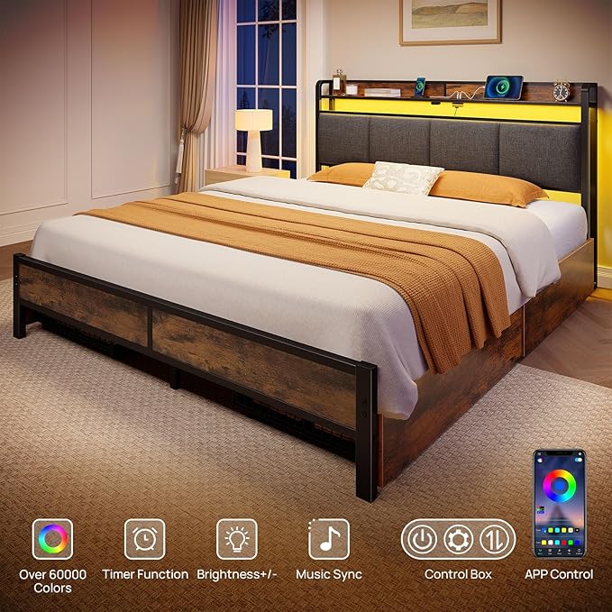 Rolanstar Bed Frame Full Size with Charging Station and LED Lights, Upholstered Storage Headboard with Drawers, Heavy Duty Metal Slats, No Box Spring Needed, Easy Assembly, Rustic Brown