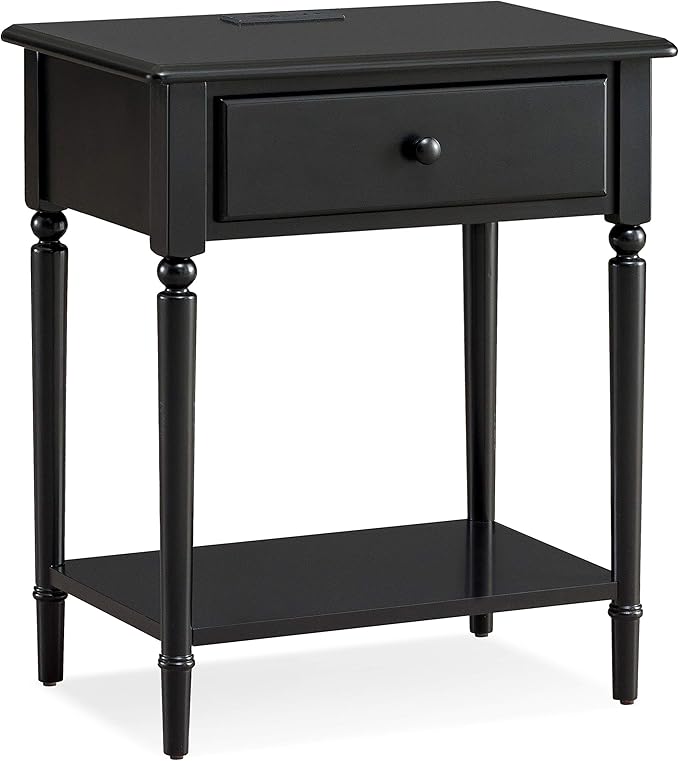 Leick Home Coastal End Table, Solid Wood, USB-C Charging Station, 1 Storage Drawer, Bottom Shelf, Easy-Assembly, For Bedroom/Living Room, Black Swan, 15.8 in. L x 24.0 in. W x 28.1 in. H, 20022-BK