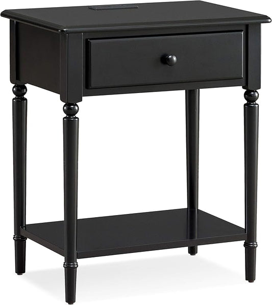 Leick Home Coastal End Table, Solid Wood, USB-C Charging Station, 1 Storage Drawer, Bottom Shelf, Easy-Assembly, For Bedroom/Living Room, Black Swan, 15.8 in. L x 24.0 in. W x 28.1 in. H, 20022-BK