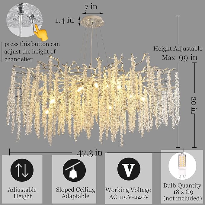 Modern Tree Branch Chandeliers Chrome D47'', Crystal Raindrop Chandelier for Living Room, Round Art Deco Lighting Fixture for for Dining Room Foyer Bedroom 18 Lights