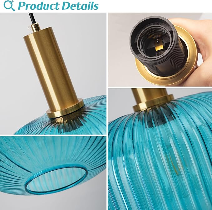 Plug in Pendant Light, Blue Ribbed Glass Hanging Lamp with Plug in Cord Adjustable, Coastal Plug in Hanging Light with On/Off Switch for Kitchen Dining Room Living Room Bedroom