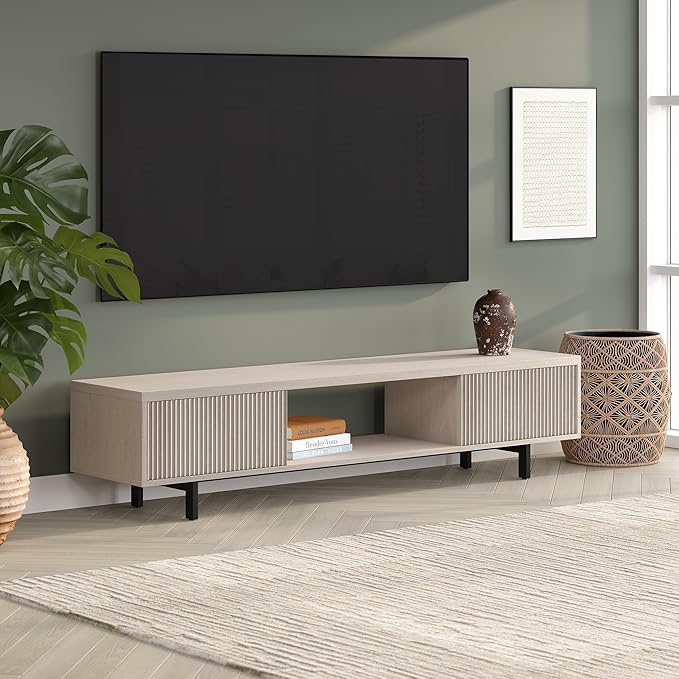 Henn&Hart Fluted TV Stand for TVs up to 78" with 2 Ribbed Side Storage Cabinets and Open Center Storage for Living Room, Family Room, or Office, Beech White