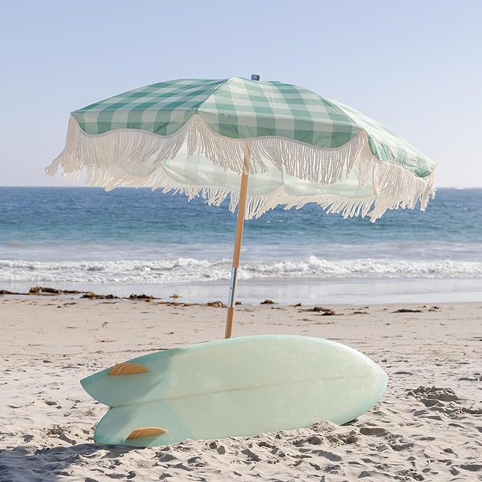 AMMSUN Beach Umbrella with Fringe, 6.5ft Boho Umbrella with Premium Wood Pole & Carry Bag, UPF 50+ Protection for Outdoor Holiday, Green Plaid