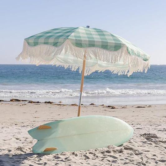 AMMSUN Beach Umbrella with Fringe, 6.5ft Boho Umbrella with Premium Wood Pole & Carry Bag, UPF 50+ Protection for Outdoor Holiday, Green Plaid
