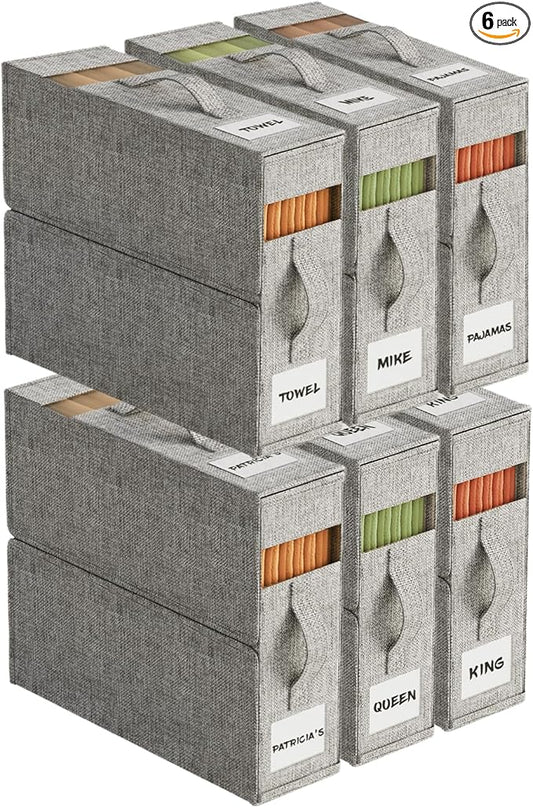 6Pack Sheet Organizers and Storage with Handles – Foldable Linen Closet Storage for King & Queen Sheet Sets – Clear Window & Removable Labels – Dustproof & Space-Saving Design,Grey
