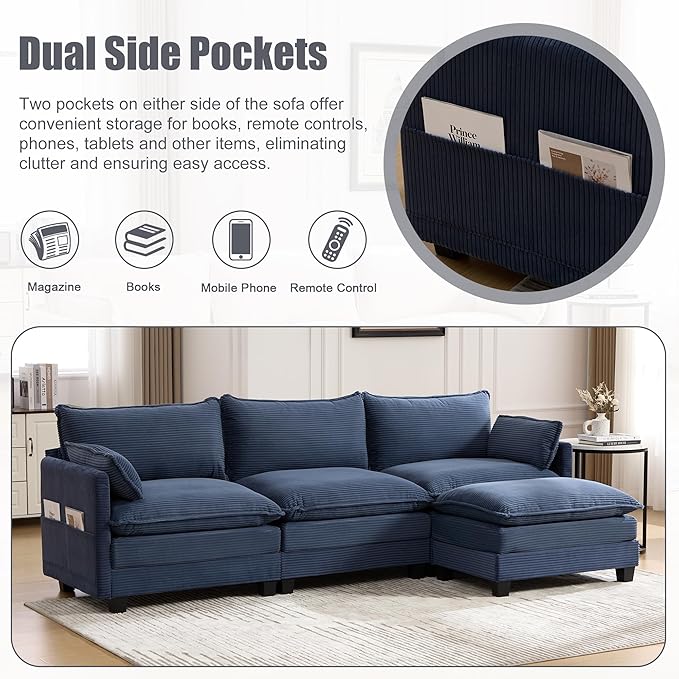 103" Oversized Modular Sectional Sofa Couch with Reversible Ottoman, Free Combination Convertible Corner Couch,Corduroy Upholstered Cloud Sectional Couch with Side Pockets | Multiple Cushions, DIY Combination, Removable Cover