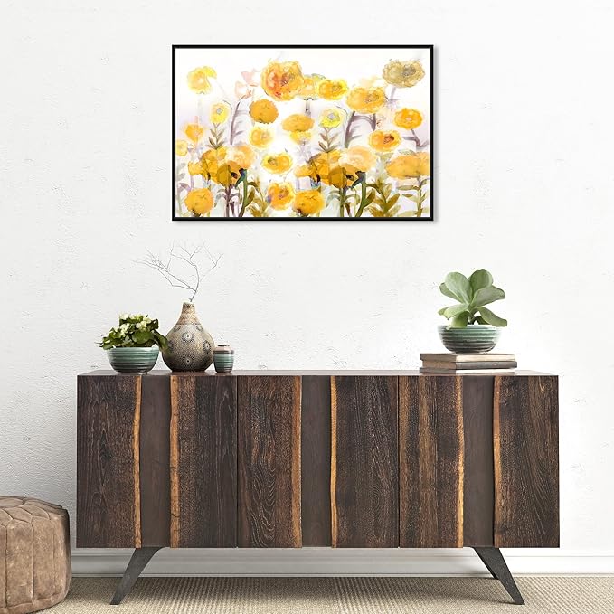 The Oliver Gal Artist Co. Floral and Botanical Wall Art Framed Canvas Prints 'Bella Garden Poppy Yellow' Gardens Black Floating Frame 30" x 20"