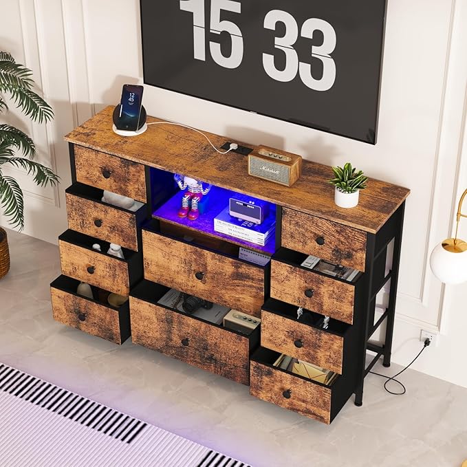 NONGSHIM Dresser with Charging Station and LED Lights, Long Dresser for Bedroom TV Stand with 10 Drawers, Fabric Chest of Drawers, Wide Storage Organizer, Rustic Brown, Dre003