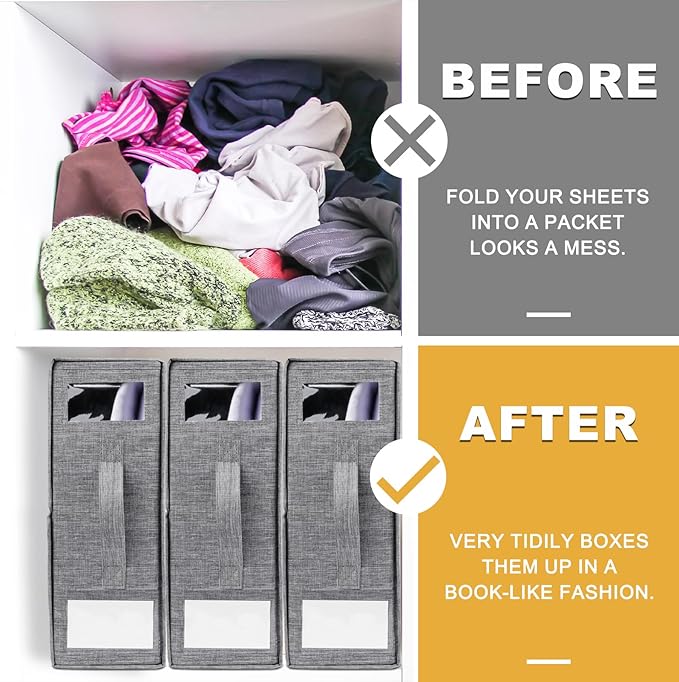 4 Pack Foldable Sheet Organizers for Linen Closet - Twin/Full Size Duvet Cover Set, Grey