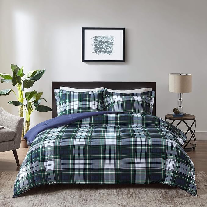 Madison Park Essentials Parkston Plaid Comforter, Matching Sham, 3M Scotchguard Stain Release Cover, Hypoallergenic All Season Bedding-Set, King/California King, Navy, 3 Piece