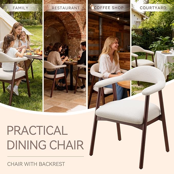 Wooden Dining Chair with Armrest Set of 2, Modern Fabric Upholstered Dining Room Chair with Curved Back and Wood Legs,Comfortable Accent Chairs for Kitchen Dining Room,Beige