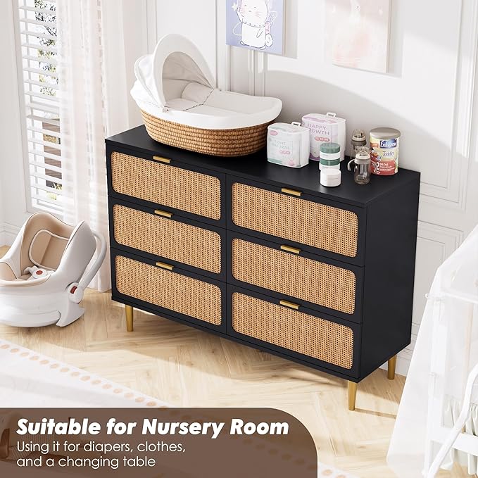 GarveeHome Rattan 6 Drawer Dresser for Bedroom, Large Double Dresser with Deep Drawers, Long Wooden Chest of Drawers for Closet with Wide Top, for Living Room, Hallway, Kids Room, Black