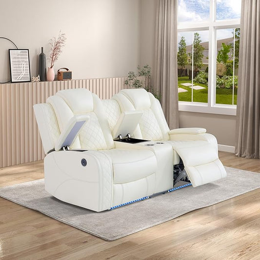 Breathing Leather Power Reclining Loveseat, Living Room Furniture with 2 Recliners, 2-Seater Leather Couch with Storage Console/Cup Holders for Home/Office (Creamy White, Loveseat)