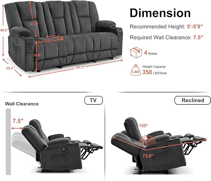 MCombo Zero Gravity 3 Seater Power Reclining Sofa, Heat and Vibration Massage, Recliner Couch for Living Room, Fabric 6035SET (Grey, 3 Seater)