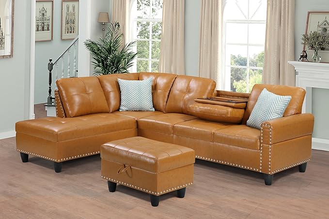 Favfurish 98" L Shaped Sectional Sofa Set with Storage Ottoman Reversible Back Cushion Cupholders,Faux Leather Upholstered Modular Couch for Living Room,Office,Home Furniture,Ginger