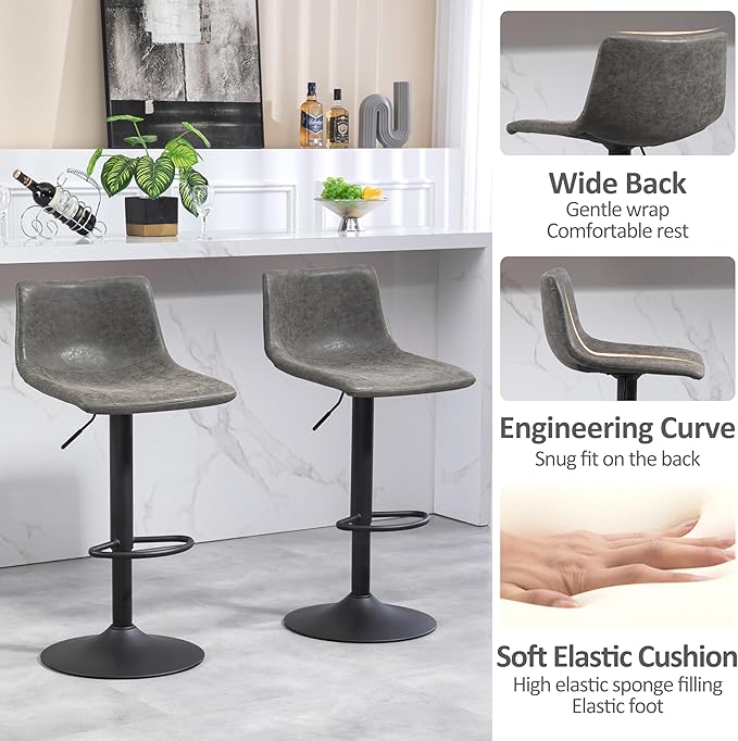 Finnhomy Bar Stools Set of 2 Counter Height, Swivel Barstools with Footrest and L Shape Back, Height Adjustable Modern Bar Chairs, Vintage Leather, Retro Grey