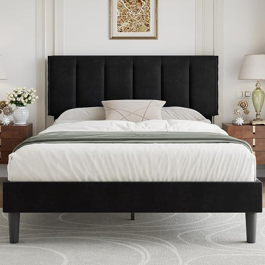 VECELO Queen Bed Frame with Upholstered Headboard, Heavy-Duty Platform Bedframe with Strong Wooden Slats Support, No Boxing Spring Needed, Velvet & Black