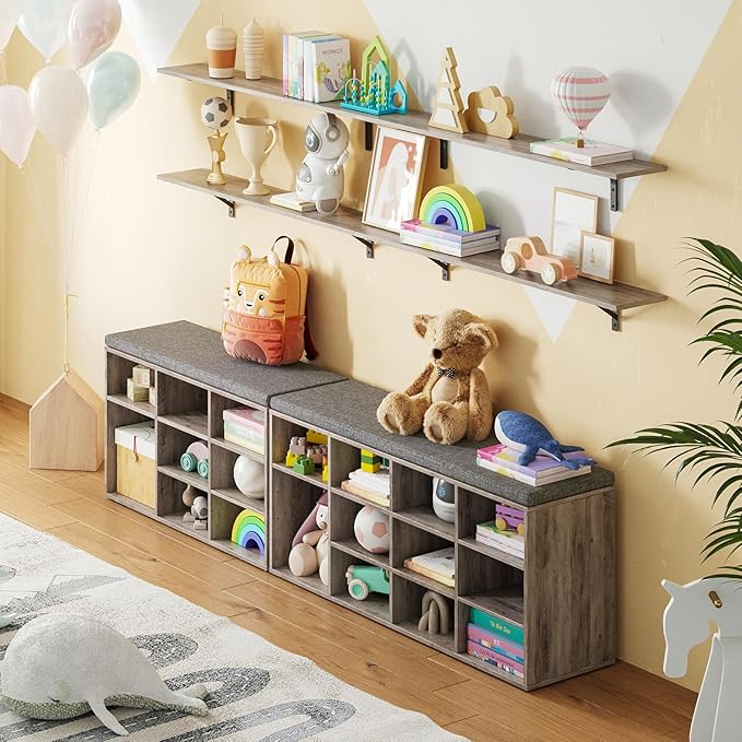 DINZI LVJ Shoe Storage Bench with Cushion, Cubby Rack with 12 Cubbies, Adjustable Shelves, Multifunctional Organizer Bench for Entryway, Mudroom, Hallway, Closet and Garage, Greige