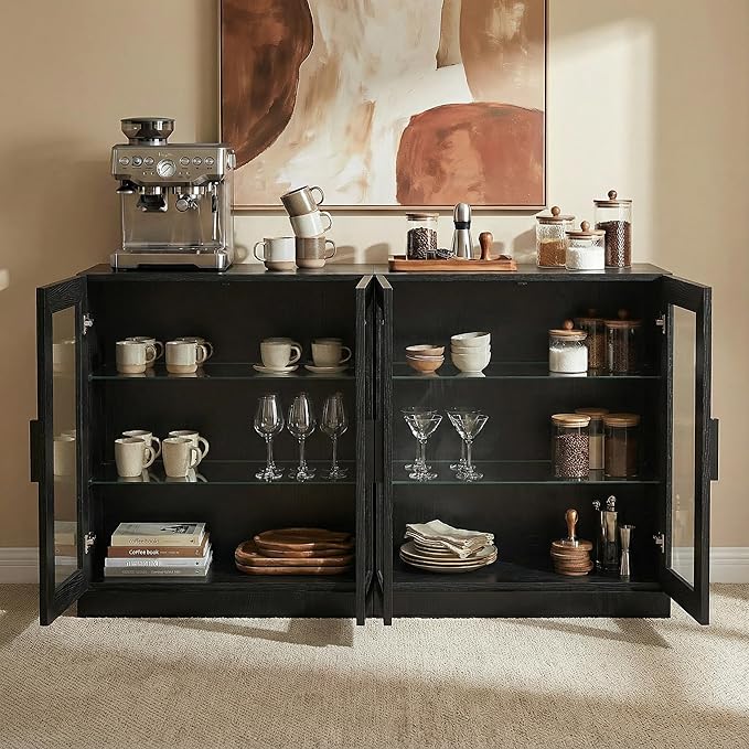 Casaphoria Adam Sideboard Buffet Cabinet with Storage, Display Cabinet with Glass Doors & Adjustable Shelves, 62" W x 36" H Buffet Cabinet for Entryway Kitchen Living Room, Black