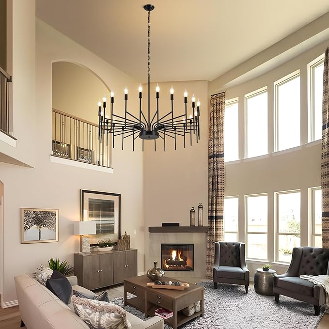 Black Chandelier 24 Light Large Modern Farmhouse Chandeliers for Dining Room Light Fixture, 40" Round Candle Large Chandeliers for High Ceilings Living Room Foyer Entryway