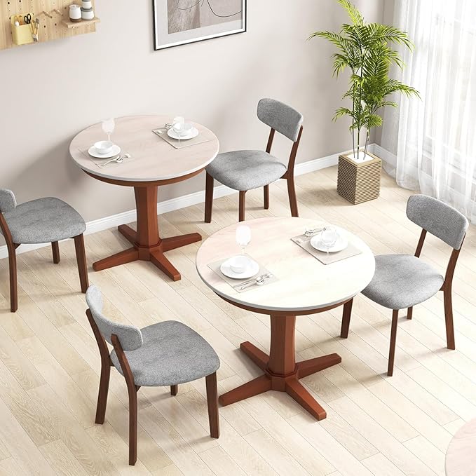 COSTWAY Round Table for 4 People, Wood Kitchen Table w/Rubber Wood Frame, Pedestal Base, Farmhouse Mid Century Dinner Table for Restaurant