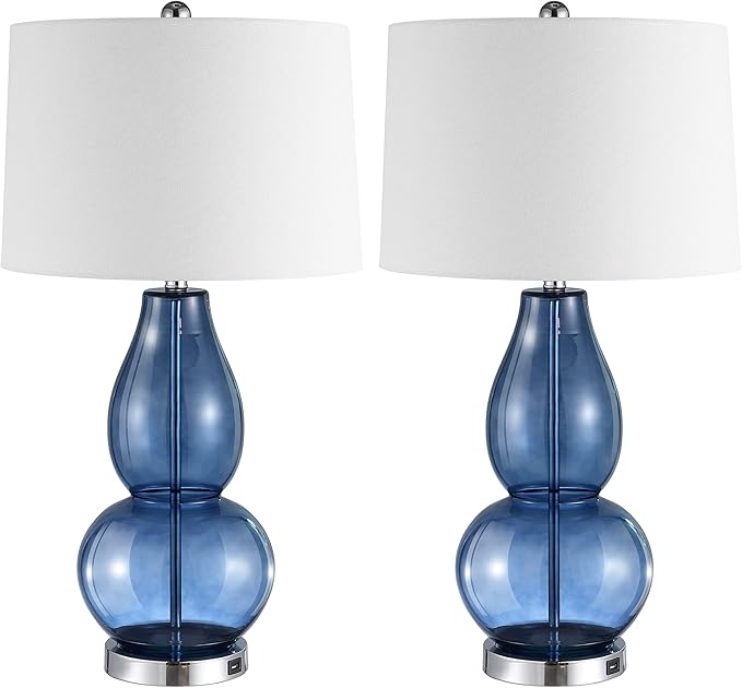 SAFAVIEH Lighting Collection Mercurio Blue Glass Double Gourd 28-inch Table Lamp Set of 2 with USB Charging Port (LED Bulbs Included)