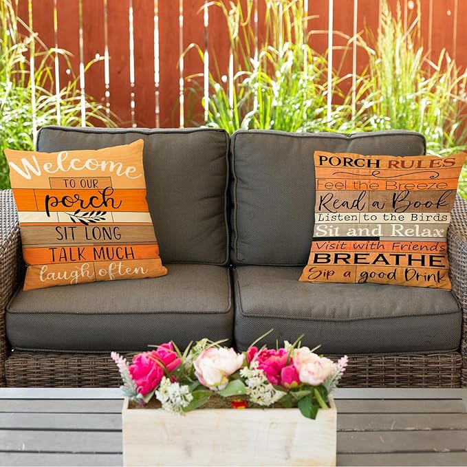Jartinle Welcome to Our Porch Fall Outdoor Pillow Covers 18x18 Inch Set of 2 Waterproof Tiered Wood Texture Quotes Throw Pillow Covers for Patio Furniture Fall Decor